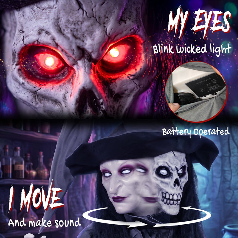 Close-up of the glowing red eyes and rotating skull face mechanism with battery compartment