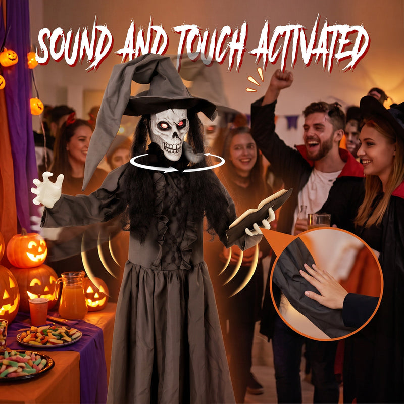 Animated witch decoration with rotating skull face at an indoor Halloween party