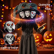 Sequence showing the witch face changing through three expressions with a changing face callout