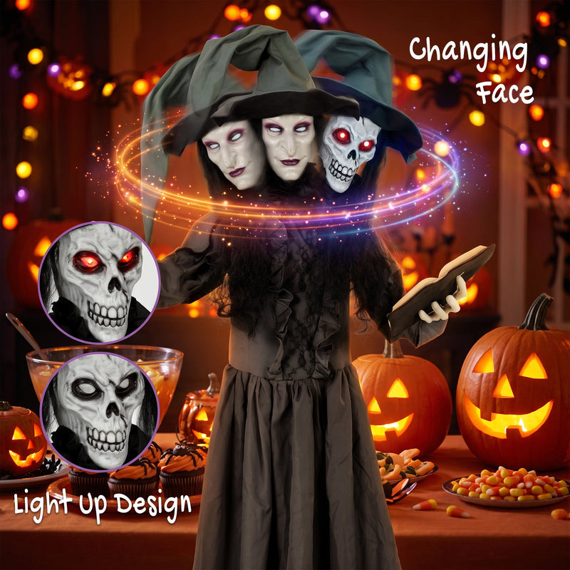 Sequence showing the witch face changing through three expressions with a changing face callout