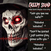 Close-up of the glowing skull face with example spoken phrases listed alongside