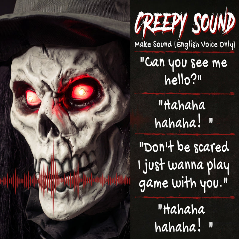 Close-up of the glowing skull face with example spoken phrases listed alongside