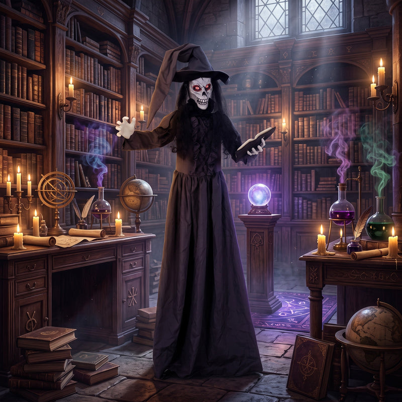 Animated witch decoration staged in a candlelit library with a spellbook and crystal ball