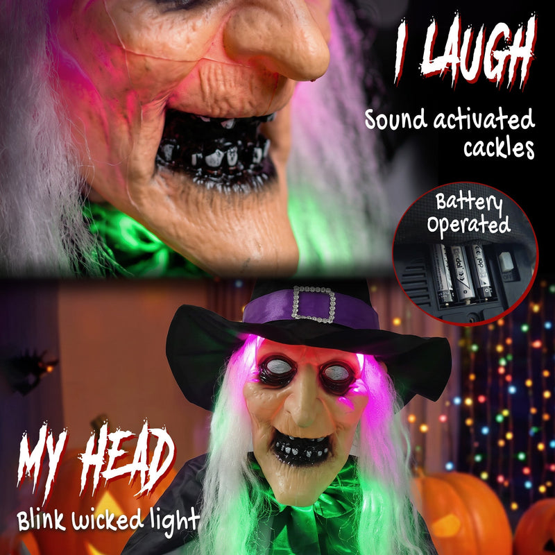 Close-up feature callouts showing sound-activated laughter and the battery compartment