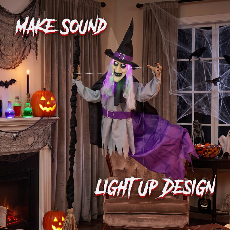 Flying witch decoration lit up beside a fireplace with a light up design callout