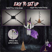 Assembly steps showing the cross base, metal poles and witch body being attached