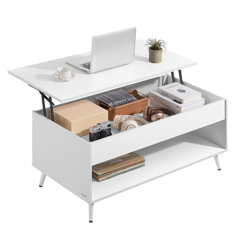 Vasagle matte white lift-top coffee table with open storage, angled view