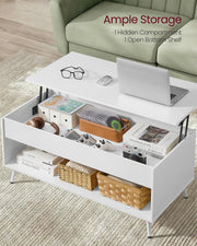 Vasagle lift-top coffee table open showing hidden storage compartment and shelf