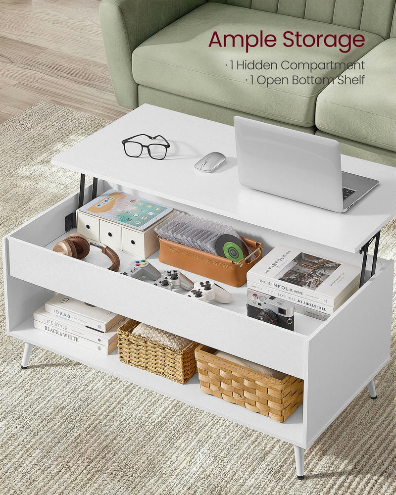 Vasagle lift-top coffee table open showing hidden storage compartment and shelf