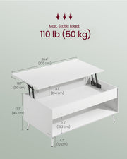 Dimension diagram of the Vasagle lift-top coffee table showing 100 x 50 x 45cm