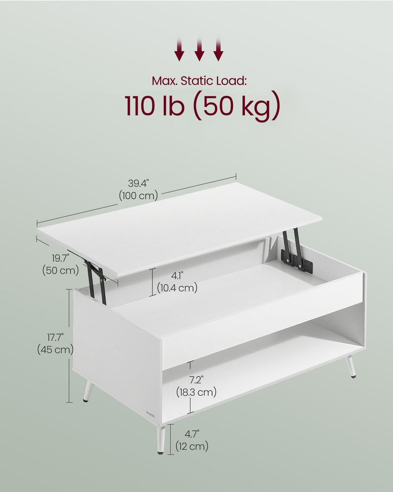 Dimension diagram of the Vasagle lift-top coffee table showing 100 x 50 x 45cm