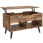 Homcom lift top coffee table in rustic brown with tabletop raised and hidden storage compartment open