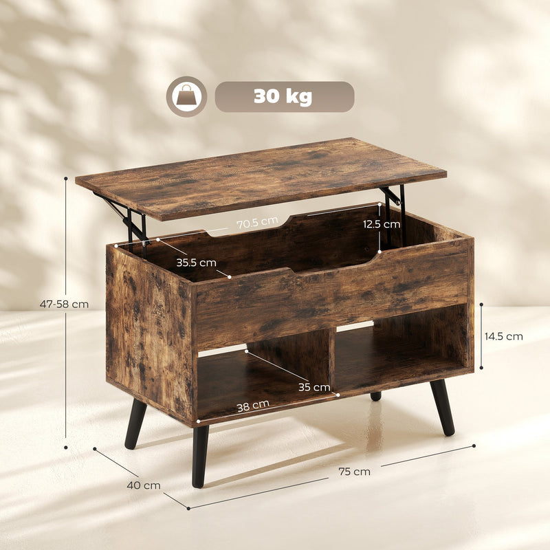 Dimension diagram of the lift top coffee table showing 75 x 40 x 47 to 58cm size and 30kg weight capacity