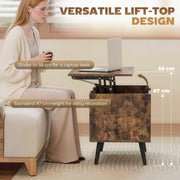 Woman using the raised tabletop as a laptop desk beside the sofa, showing the 58cm working height