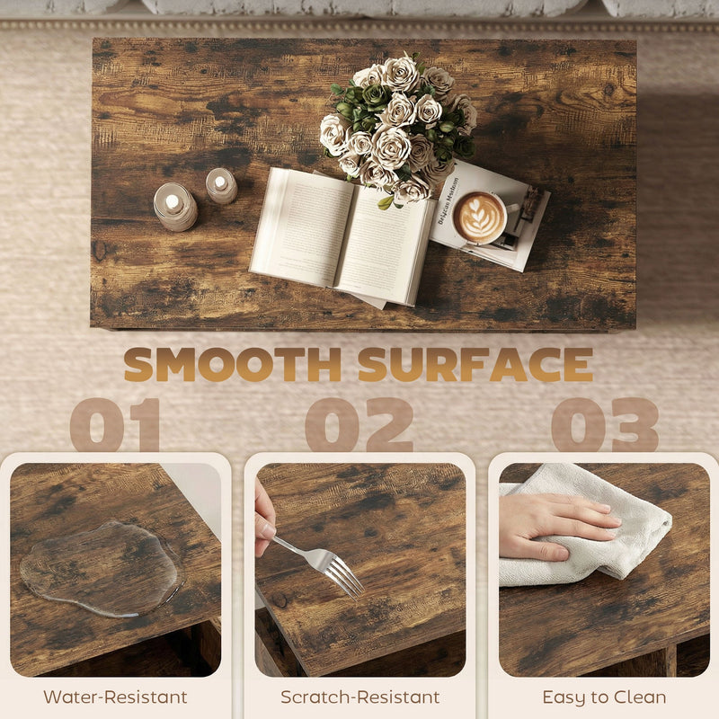 Close-up of the tabletop surface showing it is water-resistant, scratch-resistant and easy to wipe clean