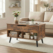 Rustic brown coffee table in a living room with baskets and boxes stored on the lower shelves