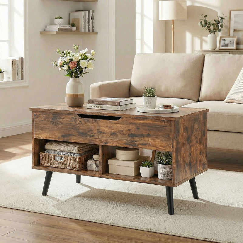 Rustic brown coffee table in a living room with baskets and boxes stored on the lower shelves