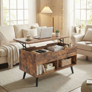 Lift top coffee table raised to laptop height in a bright living room with a sofa and floor lamp