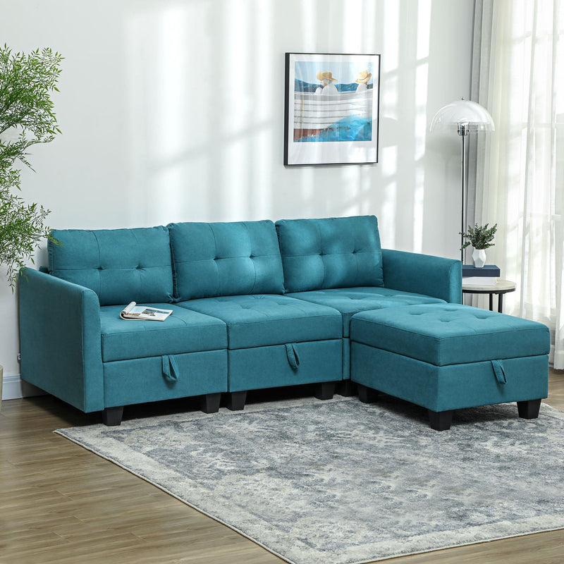Light blue modular corner sofa in a modern living room with rug and floor lamp