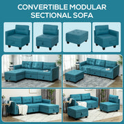 Four modular sofa configuration options plus two lifestyle shots of the rearranged pieces