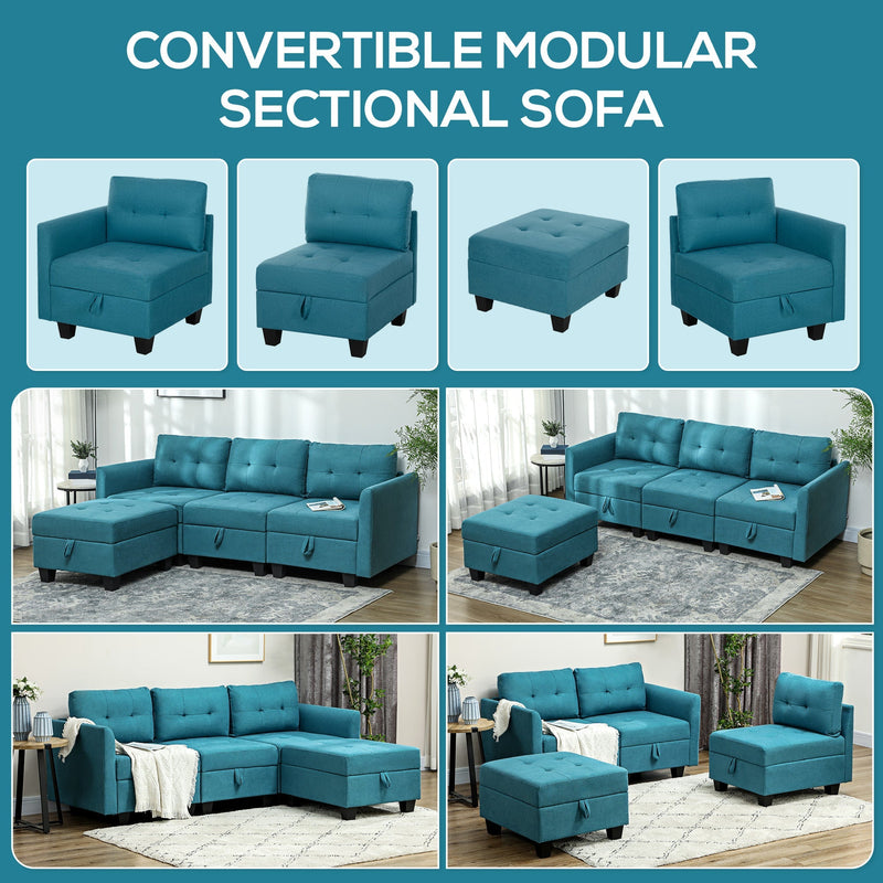 Four modular sofa configuration options plus two lifestyle shots of the rearranged pieces