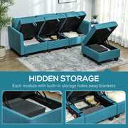 Storage compartments open under two sofa modules, showing blankets and books stored inside