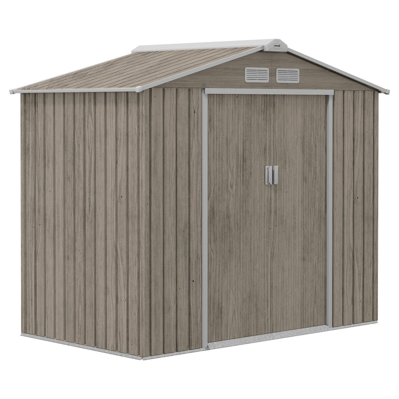 Outsunny 7x4ft light brown wood-effect metal garden shed with apex roof and closed double sliding doors