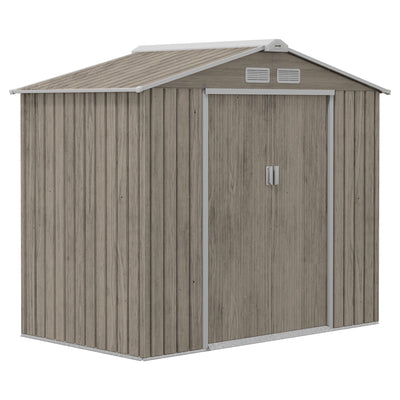 Outsunny 7x4ft light brown wood-effect metal garden shed with apex roof and closed double sliding doors
