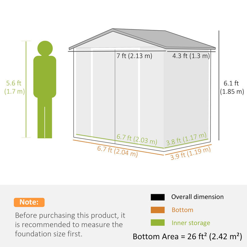 Dimension diagram for the 7x4ft light brown shed: 213cm wide, 130cm deep, 185cm high, 2.42 sq m base area