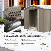 Galvanised steel structure panel with rain, snow, rust and zero-maintenance icons, shown with the shed in snow