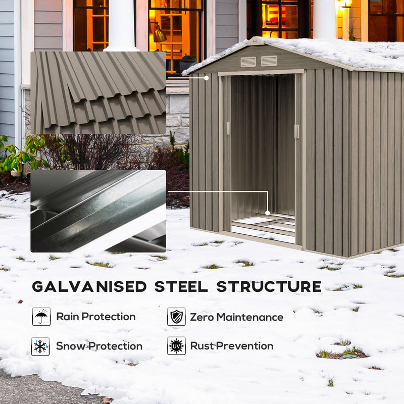 Galvanised steel structure panel with rain, snow, rust and zero-maintenance icons, shown with the shed in snow