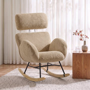 Light brown rocking chair positioned by a window with sheer curtains in a living room