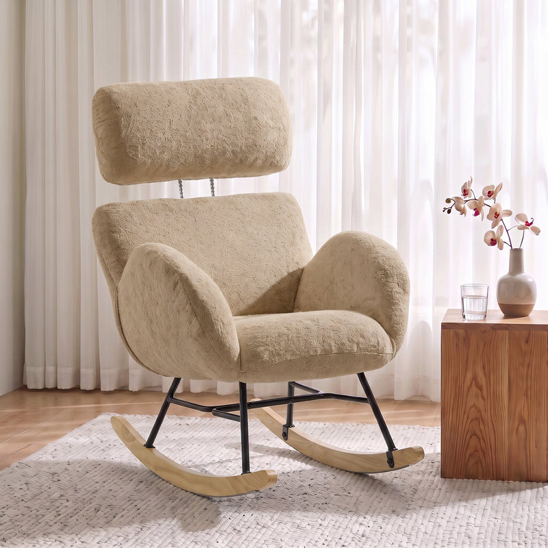 Light brown rocking chair positioned by a window with sheer curtains in a living room