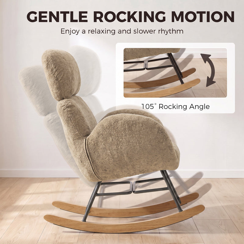 Close-up of the rocking chair's base showing the 105 degree rocking angle