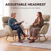 Two women sitting in matching rocking chairs showing the adjustable headrest at different heights
