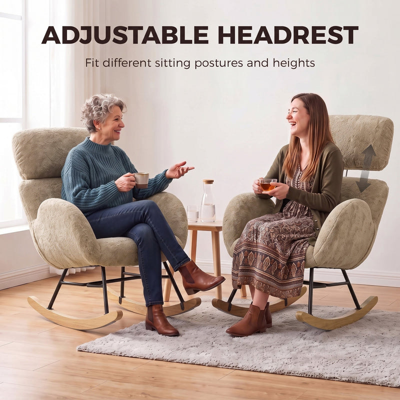 Two women sitting in matching rocking chairs showing the adjustable headrest at different heights