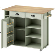 Light green kitchen island with oak-effect drop leaf top, drawers and spice rack on the cabinet door