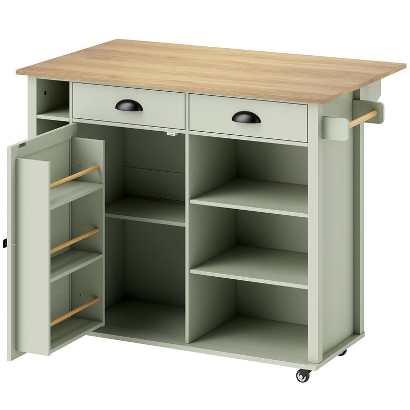 Light green kitchen island with oak-effect drop leaf top, drawers and spice rack on the cabinet door