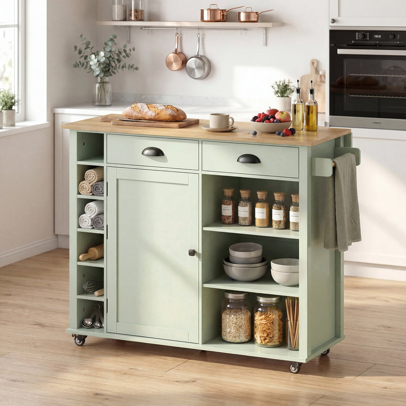 Light green kitchen island with side towel compartments, bowls and storage jars on the shelves
