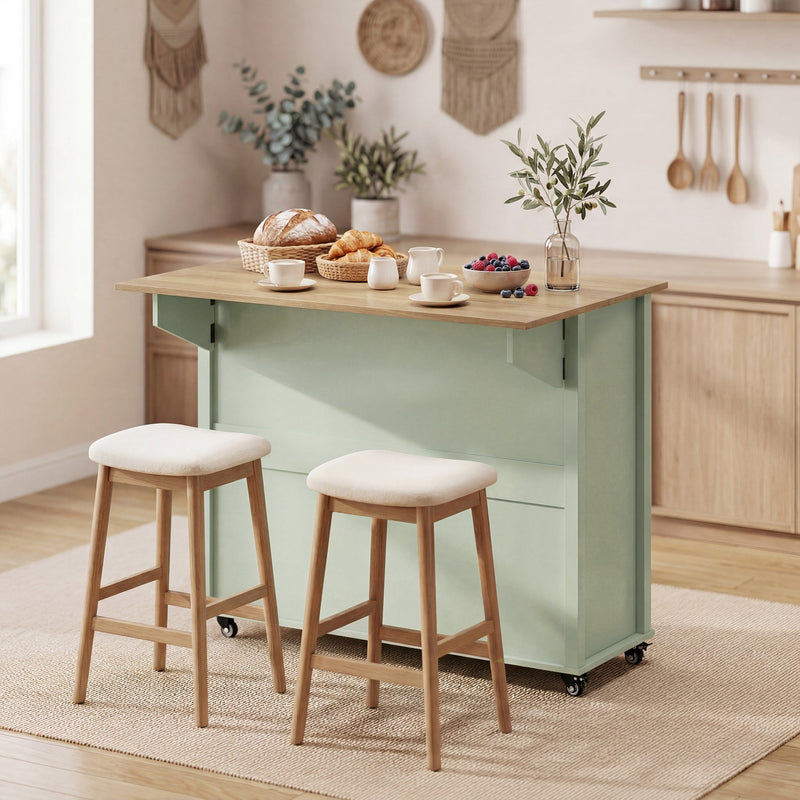 Light green kitchen island with drop leaf open in a bright kitchen with two upholstered stools