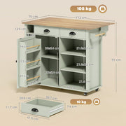 Dimensions diagram of the kitchen island showing 112 cm width, 70 cm depth, 91 cm height and 108 kg capacity