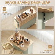 Drop leaf worktop shown folded and expanded for meal prep and dining