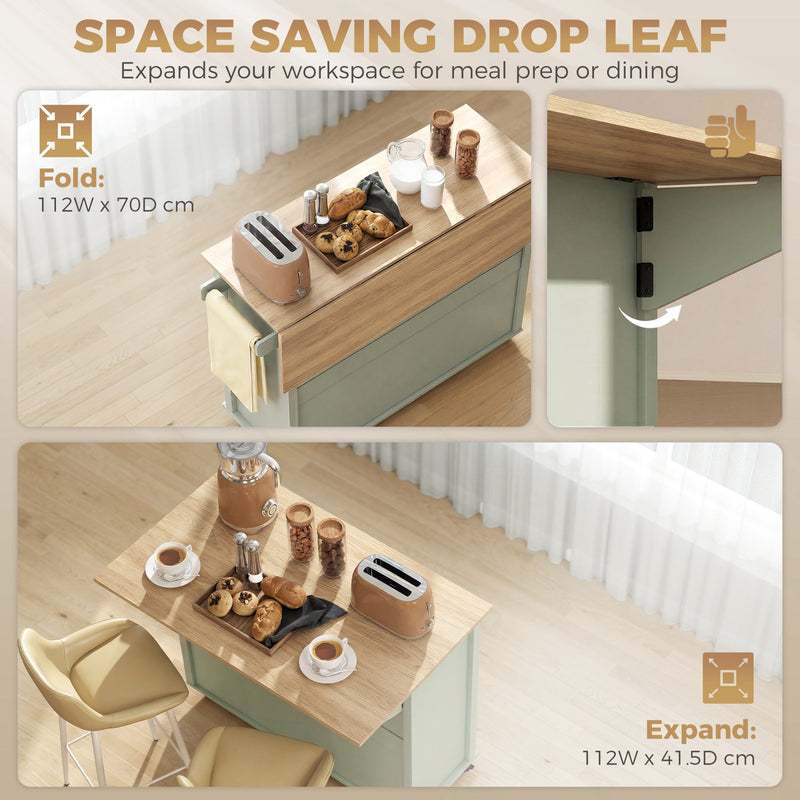 Drop leaf worktop shown folded and expanded for meal prep and dining