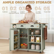 Storage callouts showing the cabinet, compartments, 3 open shelves, 2 drawers and towel bar