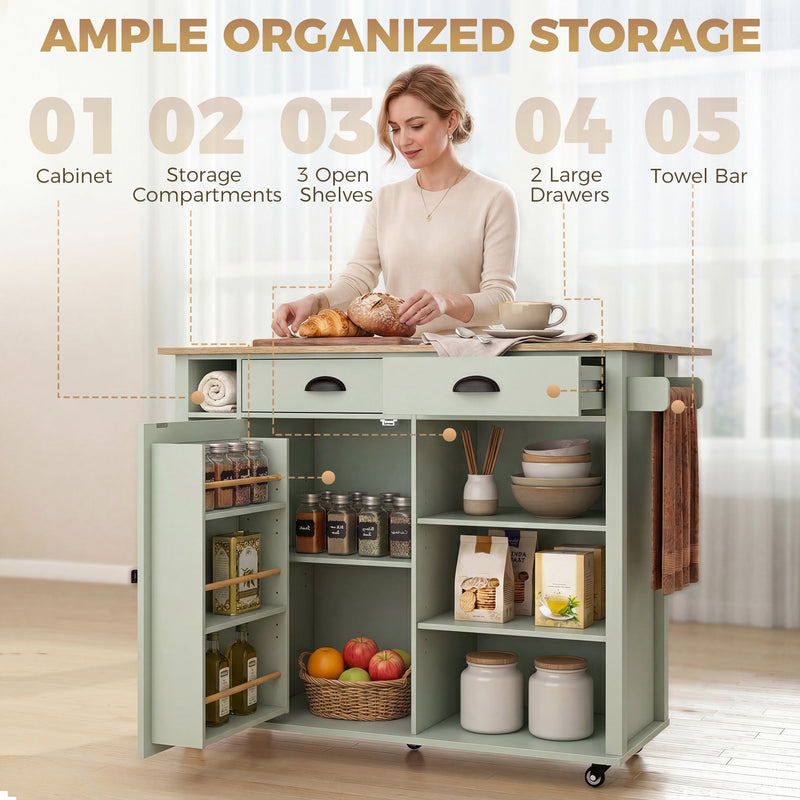 Storage callouts showing the cabinet, compartments, 3 open shelves, 2 drawers and towel bar