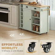 Kitchen island rolling on casters with close-ups of a swivel caster and a braked caster