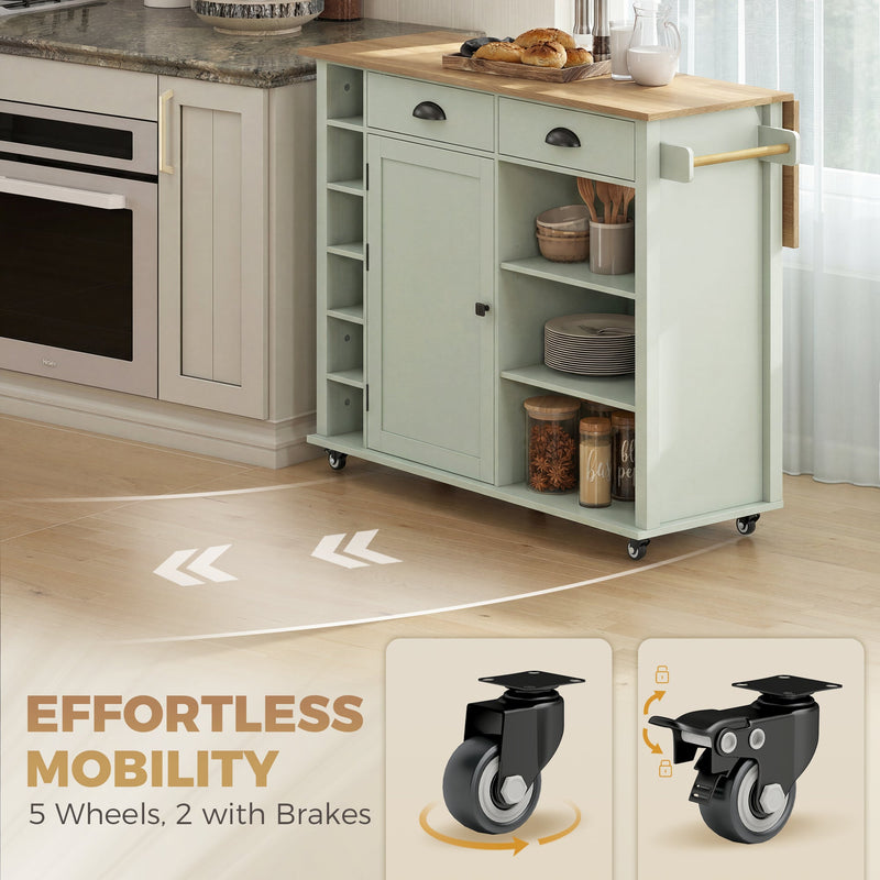 Kitchen island rolling on casters with close-ups of a swivel caster and a braked caster