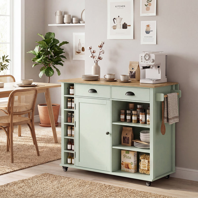 Light green kitchen island used as a coffee station with spice jars on the open shelves