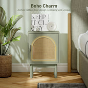Close-up of the arch rattan door weave and cabinet handle