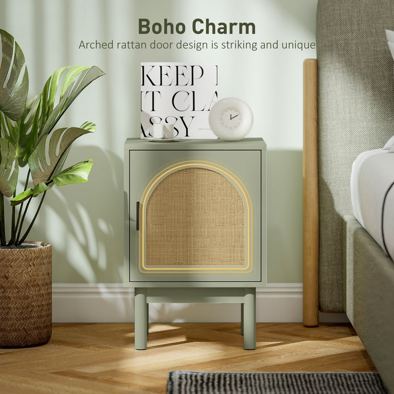 Close-up of the arch rattan door weave and cabinet handle